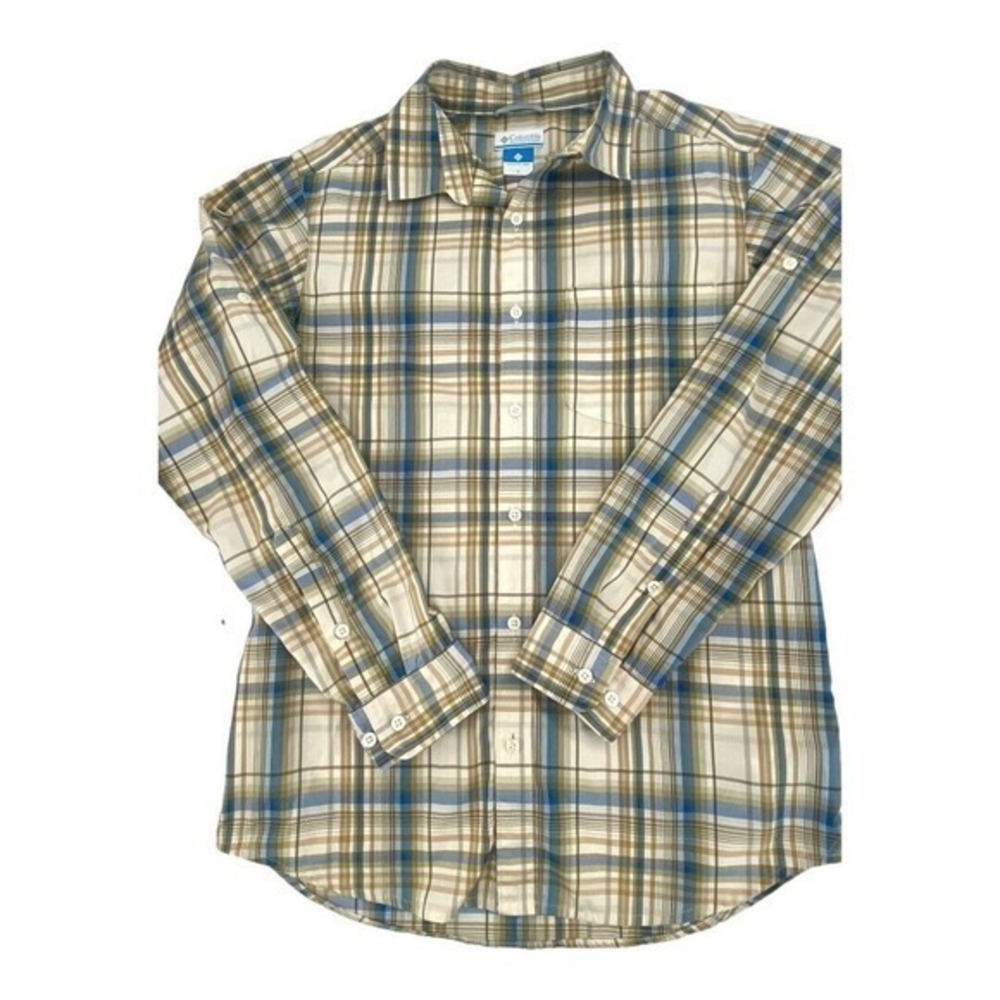 Columbia Blue and Tan Plaid Long Sleeve Shirt Polyester Nylon Blend‎ Mens S